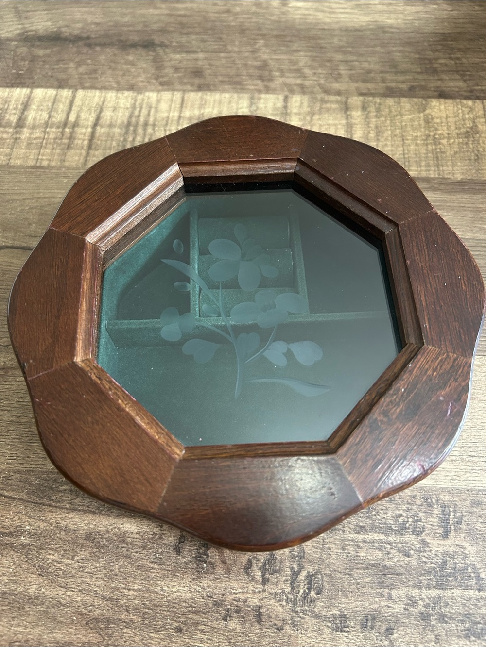 Vintage Octagonal Wooden Jewelry Box Etched Floral Glass Lid